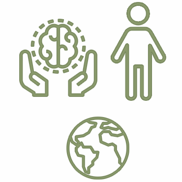 Ícone de um globo, uma pessoa, e duas mãos segurando um cérebro